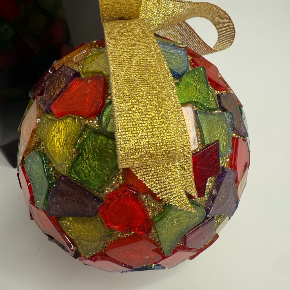 Vintage plastic Mosaic Holiday Ornament with Gold Ribbon 4”